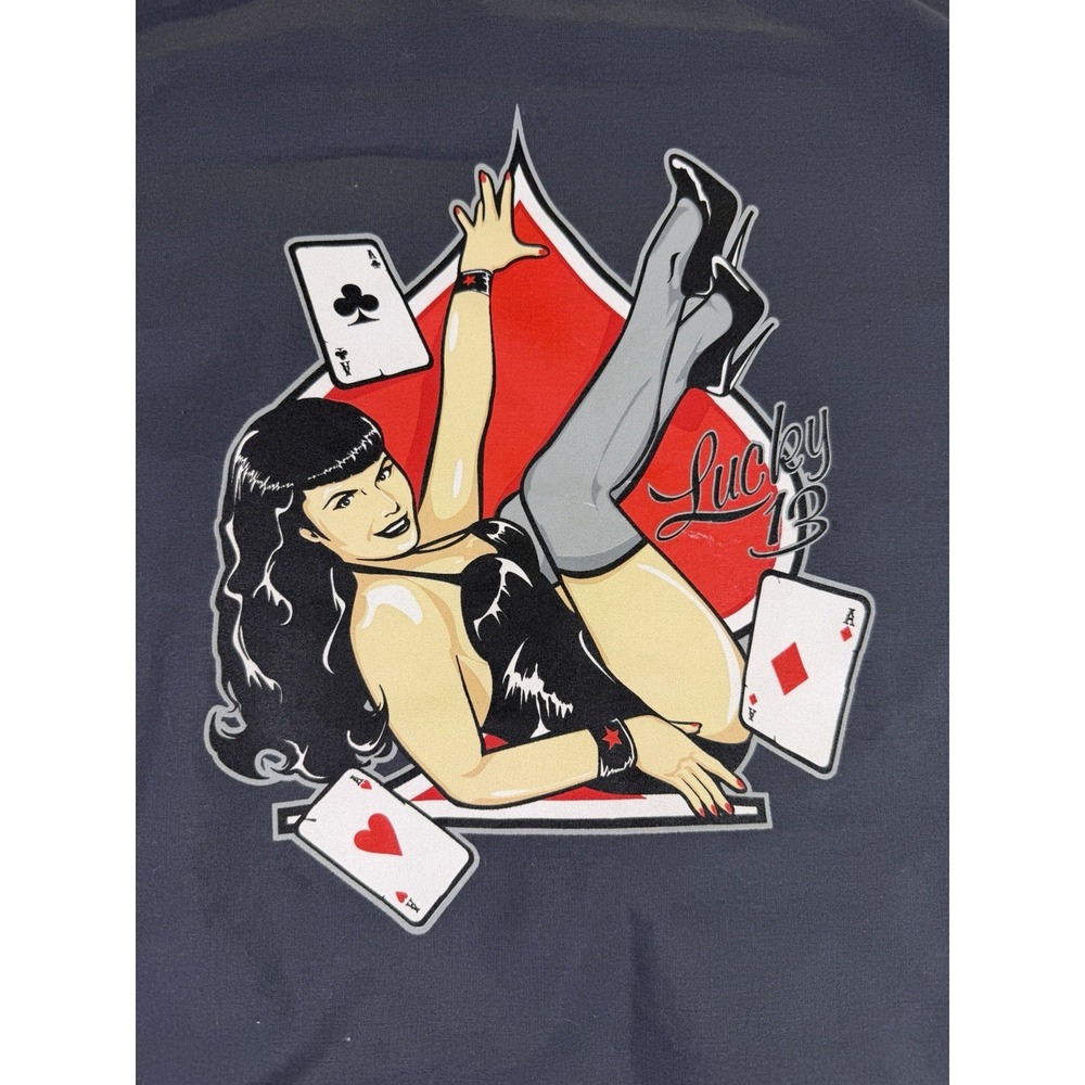 Lucky 13 Shirt Men Size Medium Playing Card Pinup Girl Work Shirt Sexy Garage